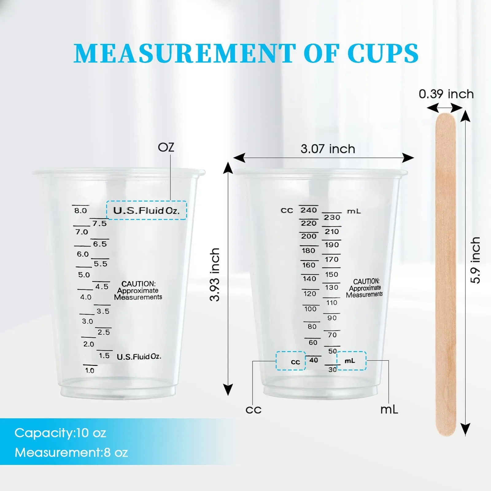 100 PACK Plastic Measuring Cups, 8 oz Disposable Mixing Cups with 100 Wooden Mixing Sticks, Can Be Used for Epoxy Resin, Liquid Measuring, Paint