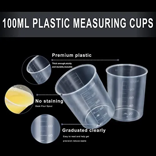 100Pcs 100ML Plastic Graduated Measuring Beaker Set, Clear Liquid Measuring Mixing Cups for Epoxy Resin, Liquid Container Beakers for Resin Epoxy