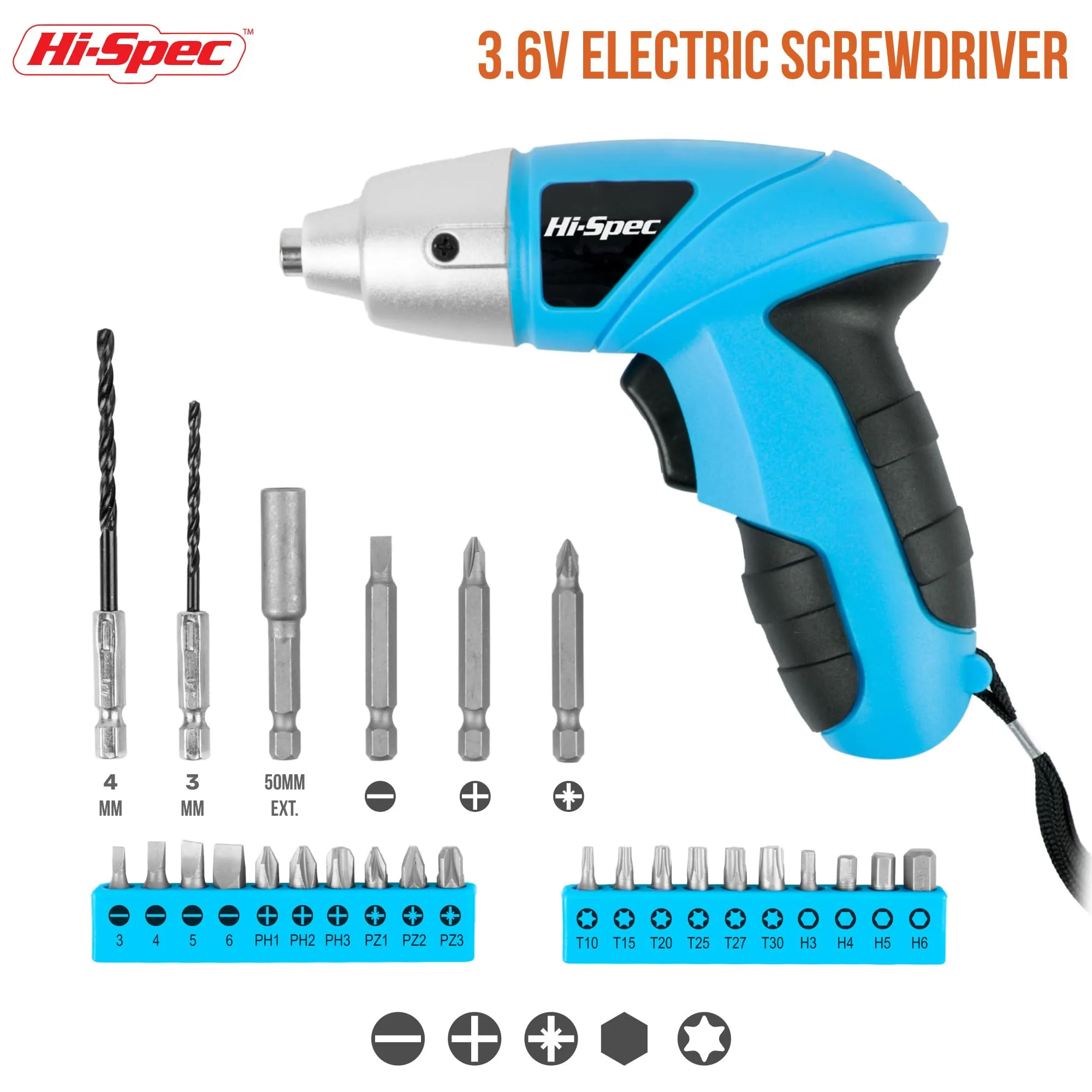 27pc 3.6V Blue Compact Electric Power Screwdriver Set. Cordless & USB Rechargeable with 23 Driver Bits for Home & Office Use