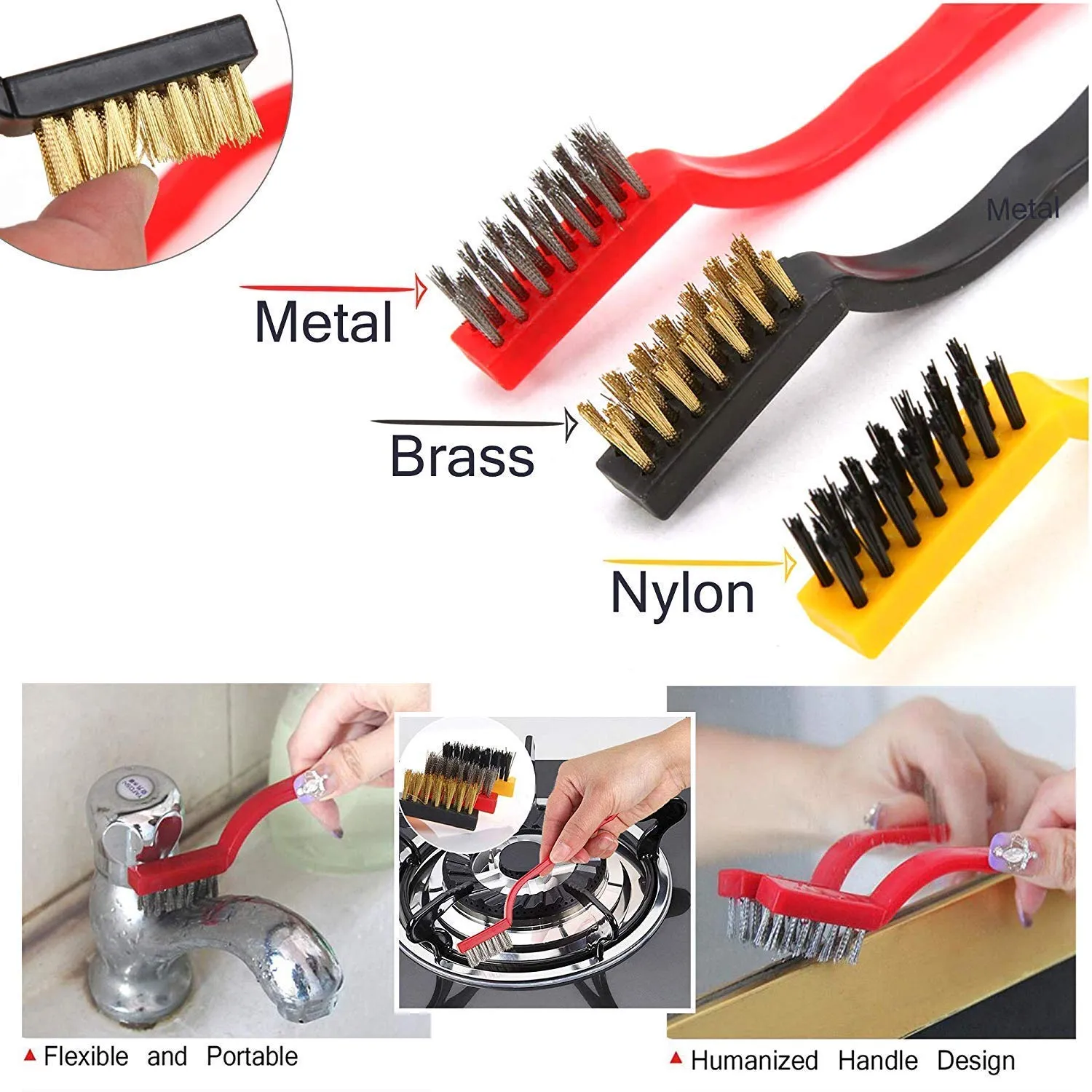 3 Pcs Mini Wire Brush Set Steel Brass Nylon Brush Cleaning Metal Rust Clean