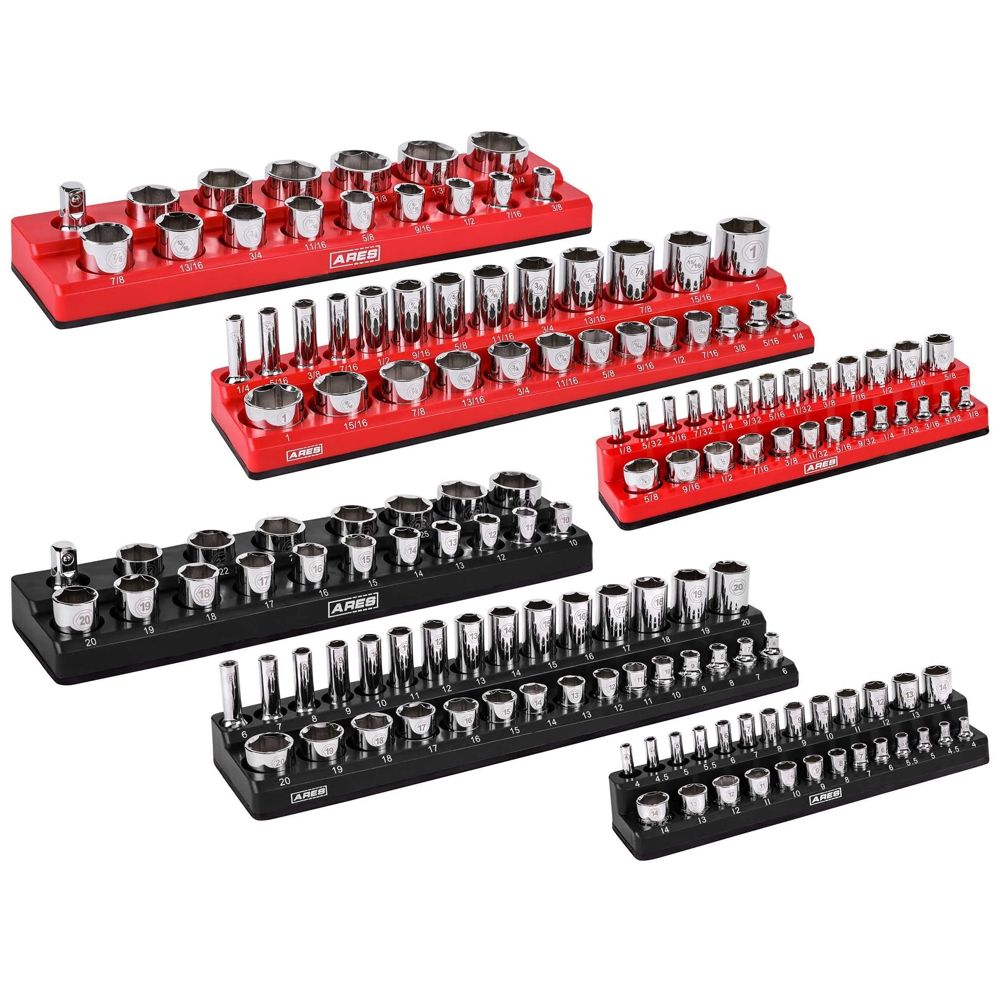 ARES 60057 - 6-Piece Black and Red Metric and SAE Magnetic Socket Organizer Set