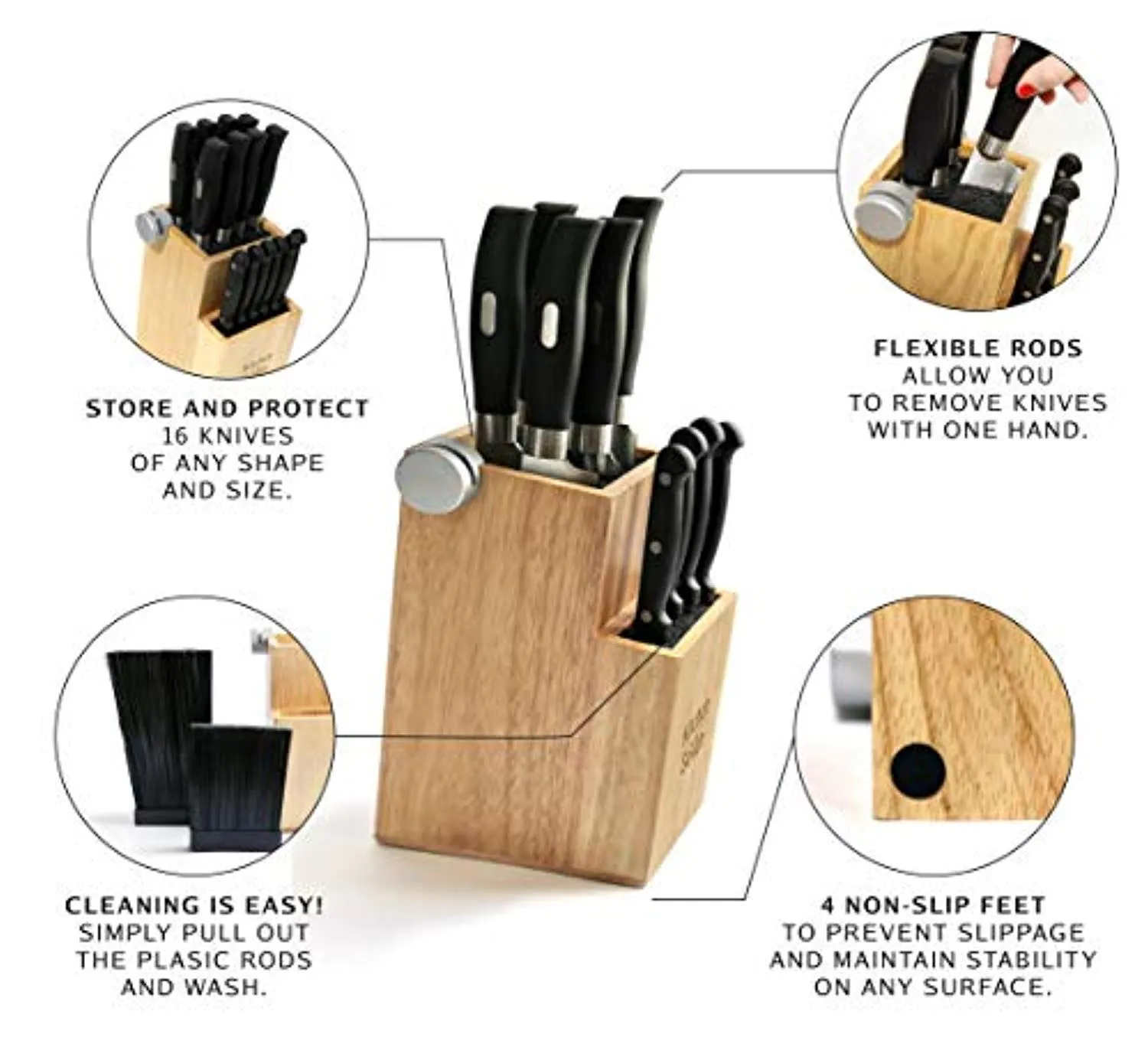 Bamboo Universal Knife Block - Knife Holder with 2 Built-In Knife Sharpeners - 2-Tiered Modern Knife Storage Up to 16 Large and Small Knives