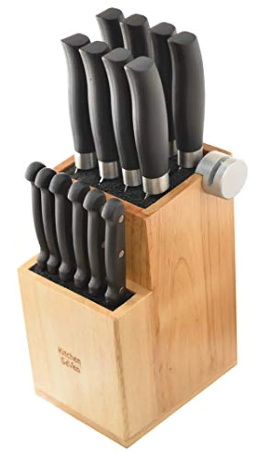 Bamboo Universal Knife Block - Knife Holder with 2 Built-In Knife Sharpeners - 2-Tiered Modern Knife Storage Up to 16 Large and Small Knives