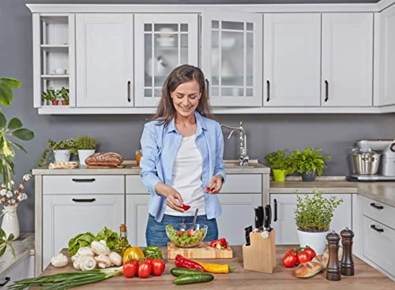 Bamboo Universal Knife Block - Knife Holder with 2 Built-In Knife Sharpeners - 2-Tiered Modern Knife Storage Up to 16 Large and Small Knives