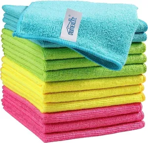 HOMEXCEL Microfiber Cleaning Cloth - 12 Pack (40cm x 40cm) - Kitchen Towels, Car Wash Cloth (Green, Blue, Yellow, Red).