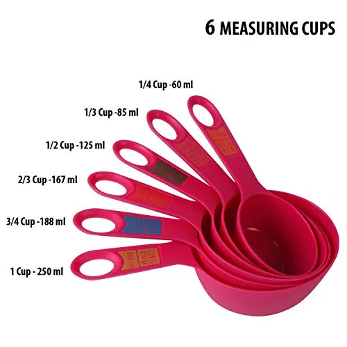 INOVERA (LABEL) Plastic 12 Piece Measuring Cups and Spoons for Kitchen Cake Baking and Cooking Teaspoon Tablespoon Spoon Accessories Tools Set (Pink)