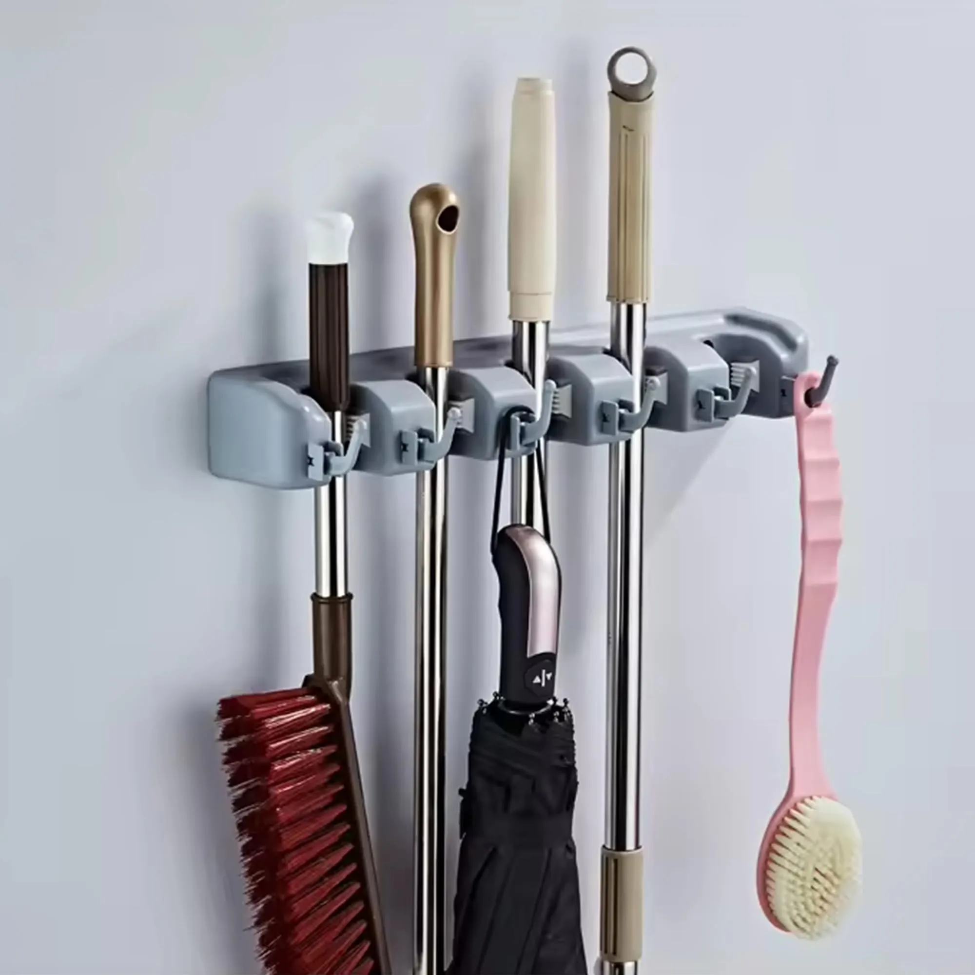 Kuber Industries Mop And Broom Holder | Wall Mounted Broom-Mop Holder | Broom-Mop Organizer For Home-Garden | Wall Mount Organizer | 5 Position And 6 Hooks | HJH-05HK-GRY | Gray