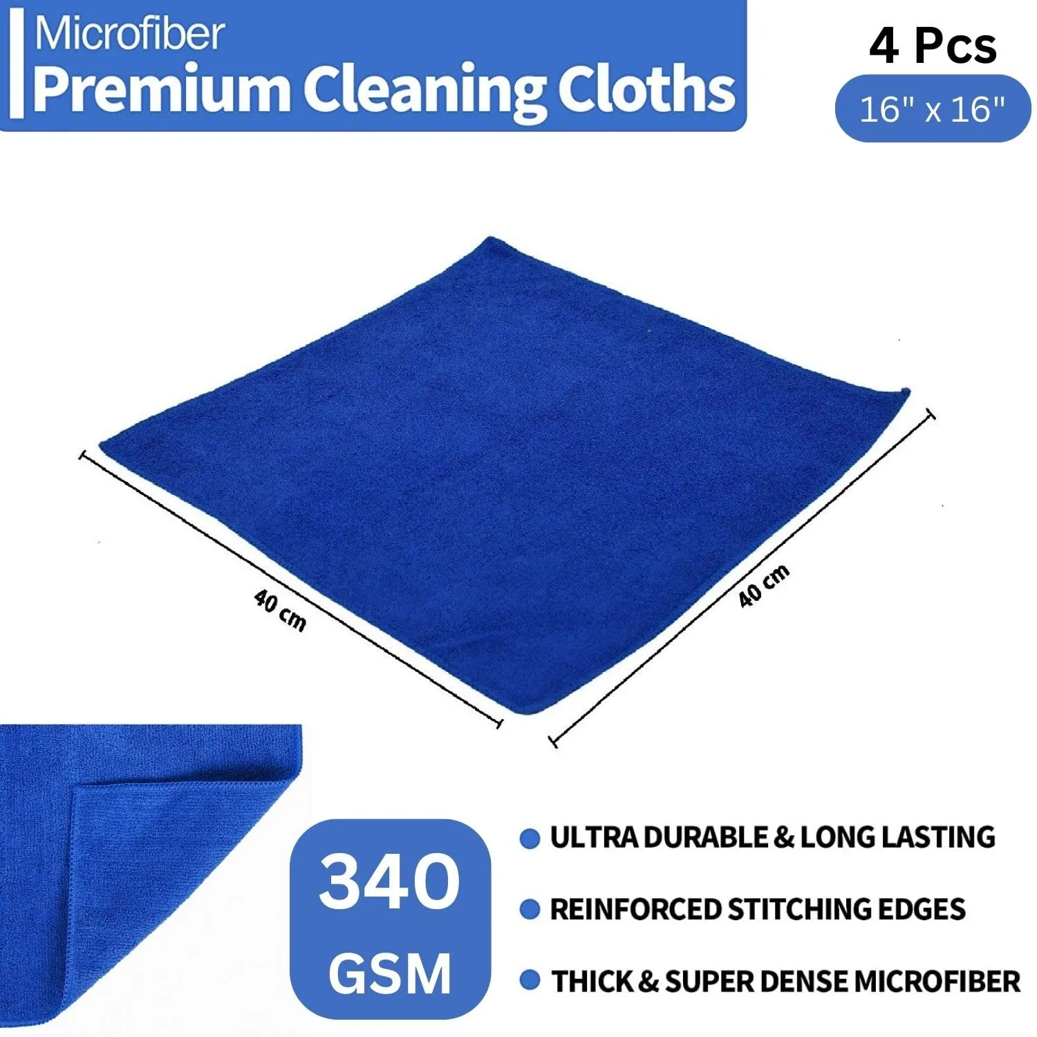 SOBBY Car Microfiber Cleaning Cloth Set of 4 pcs - Premium Microfibre Cloth for Car Cleaning, Kitchen Cleaning, Home Improvement and More - 40x40cm, 340 GSM, Multicolor