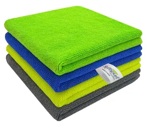 SOFTSPUN Microfiber Cleaning Cloths, 4pcs 40x40cms 340GSM Multi-Colour! Highly Absorbent Lint and Streak Free Multi -Purpose Wash Cloth for Kitchen Window Stainless Steel Silverware.